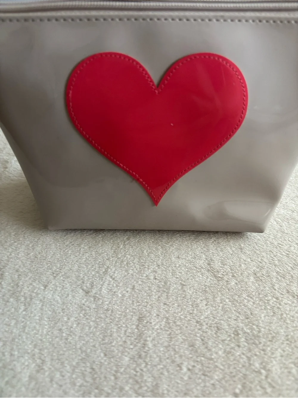 Taupe Cosmetic Pouch with Red Heart Accent